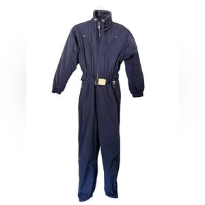 Bogner Vintage One-Piece Ski Suit Navy Blue Gold Hardware Belted Pockets